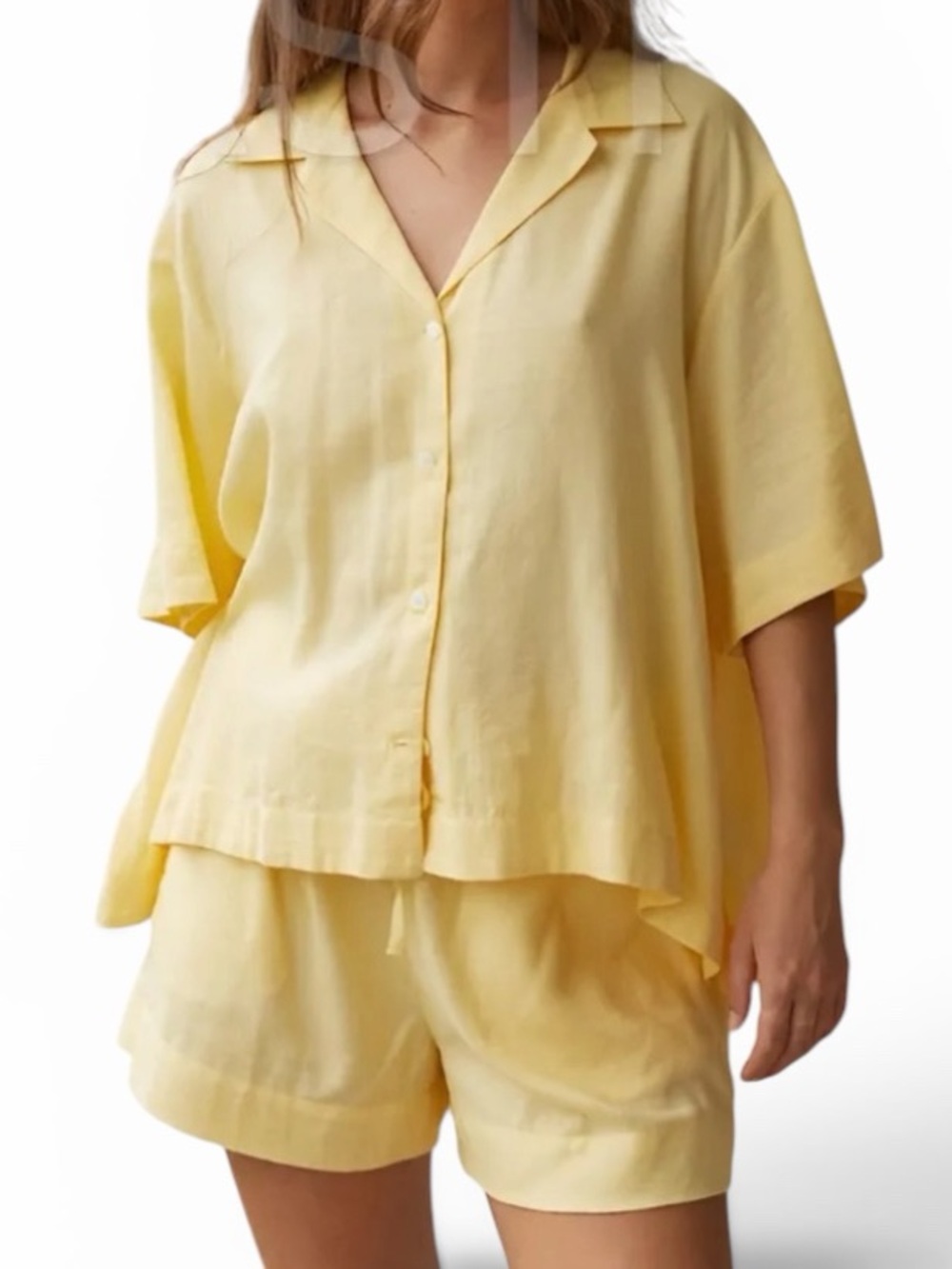 Piyama "Mimosa" Light Yellow Lyocell Linen Button-Up Top/Shorts Lounge Set XXL
